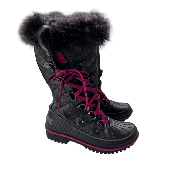 Sorel Tivoli Twist Waterproof Winter Boots with Fur Trim Black Purple Size 7 - Picture 3 of 12